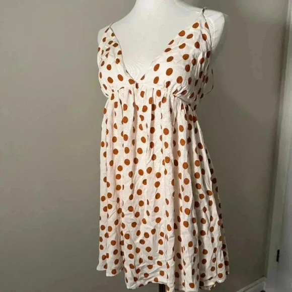 Zara Women's White Brown Fit and Flare Mini Dress Medium Polka Dot Tie  Back - Picture 3 of 6
